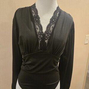 Black, lace v front long sleeve bodysuit